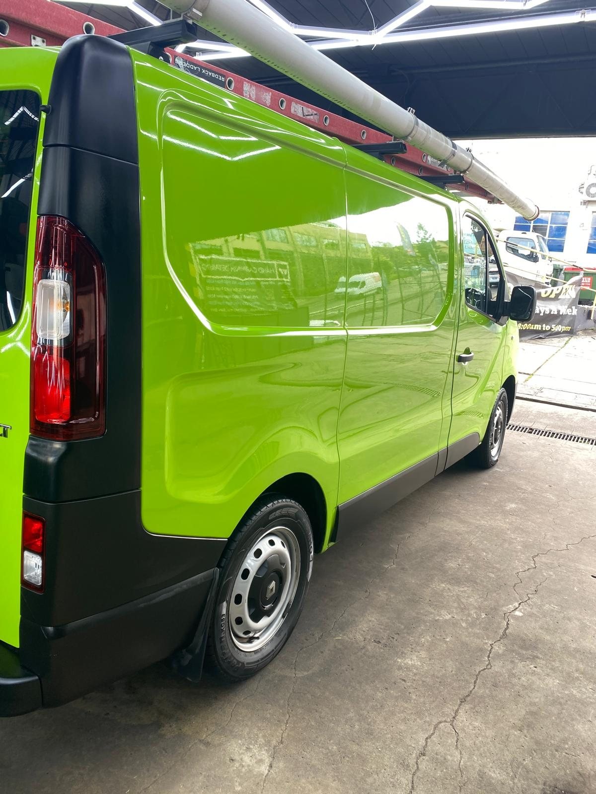 Renault Trafic van with all business signage removed, glossy green paint, at VIP Car Detailing